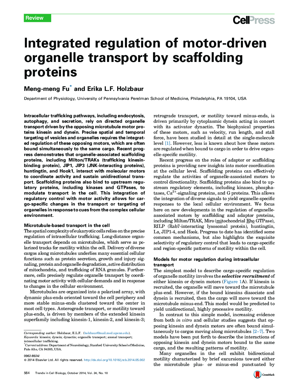 Integrated regulation of motor-driven organelle transport by scaffolding proteins