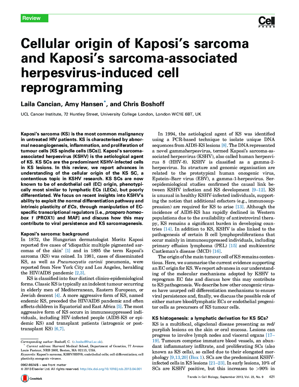 Cellular origin of Kaposi's sarcoma and Kaposi's sarcoma-associated herpesvirus-induced cell reprogramming