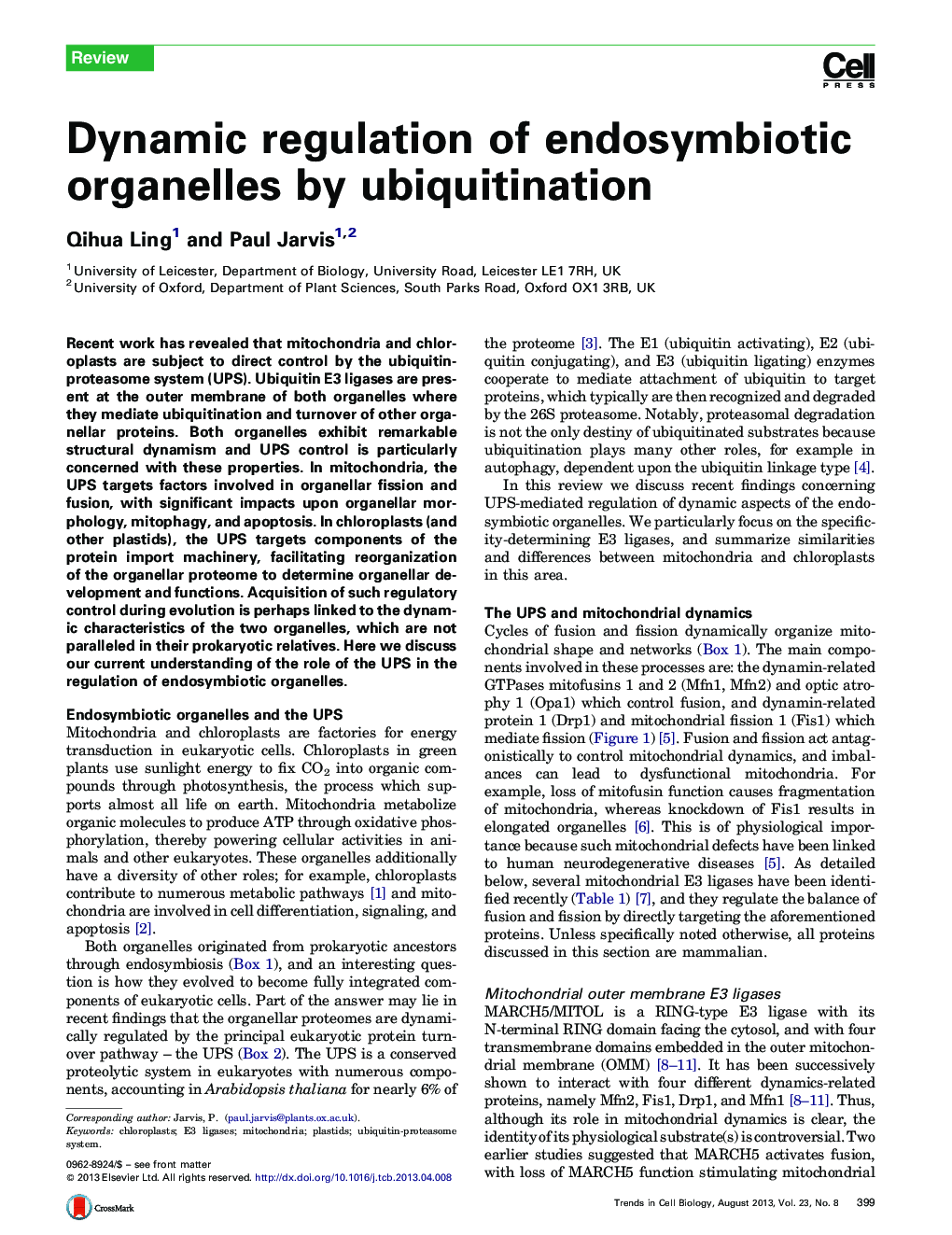 Dynamic regulation of endosymbiotic organelles by ubiquitination