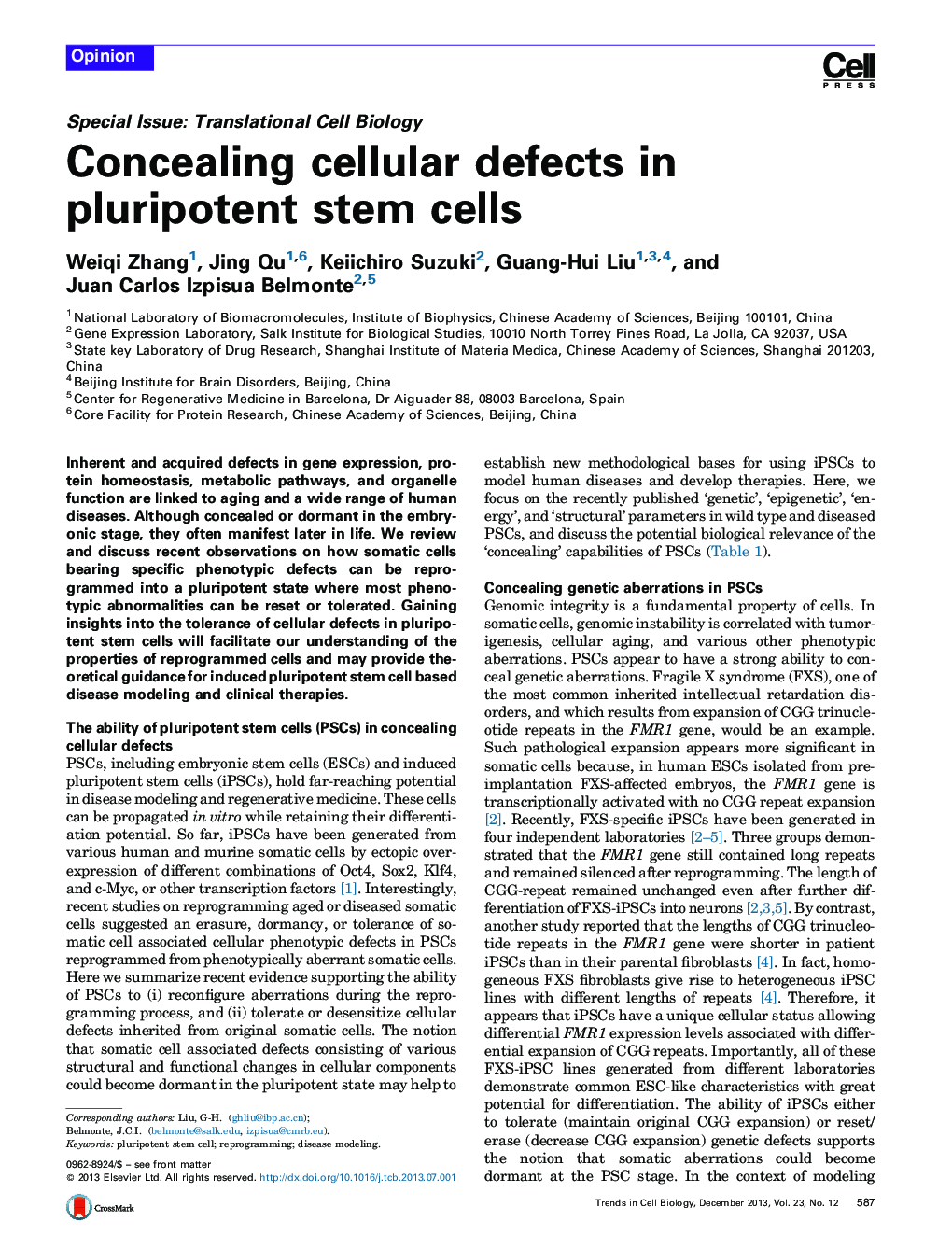 Concealing cellular defects in pluripotent stem cells