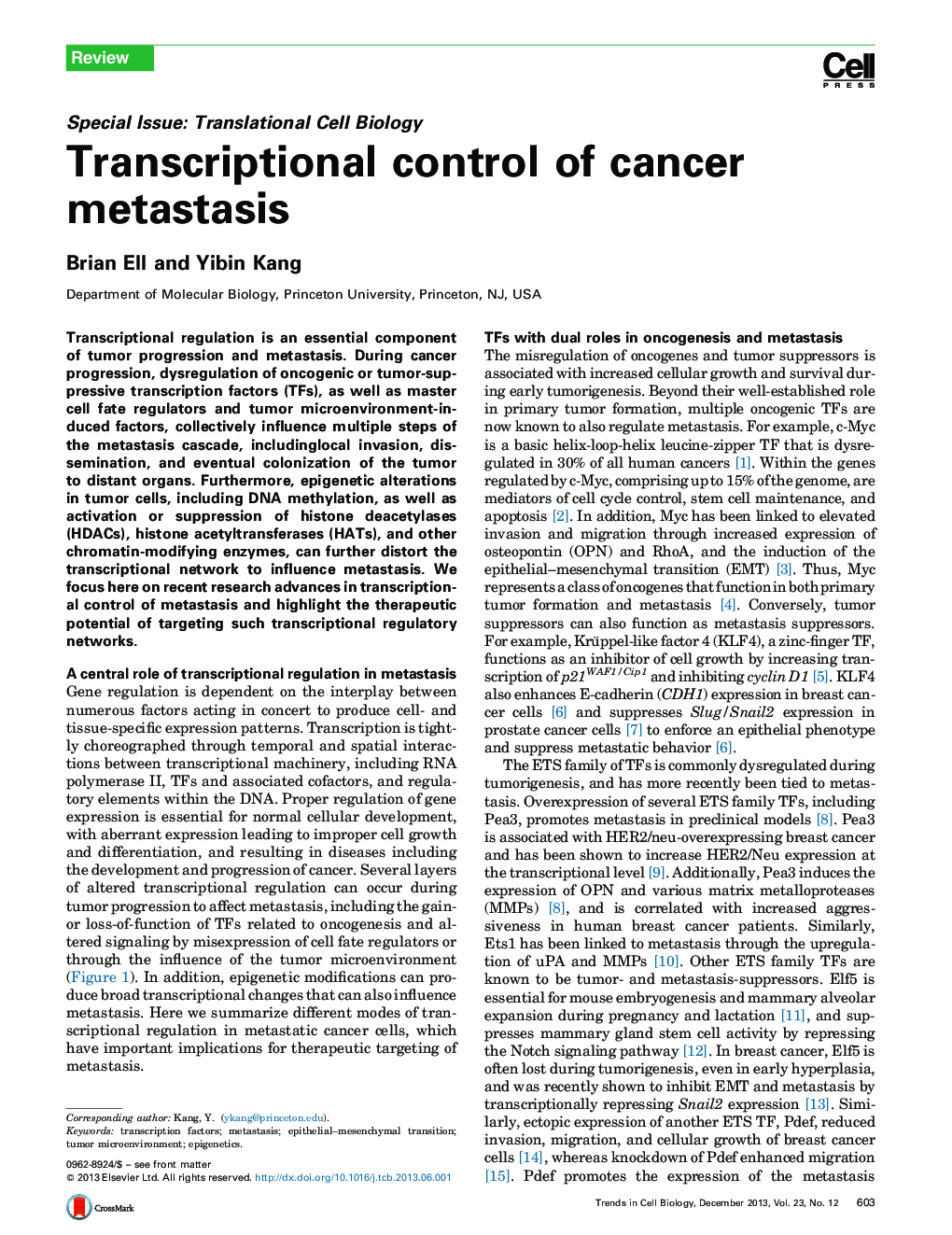 Transcriptional control of cancer metastasis