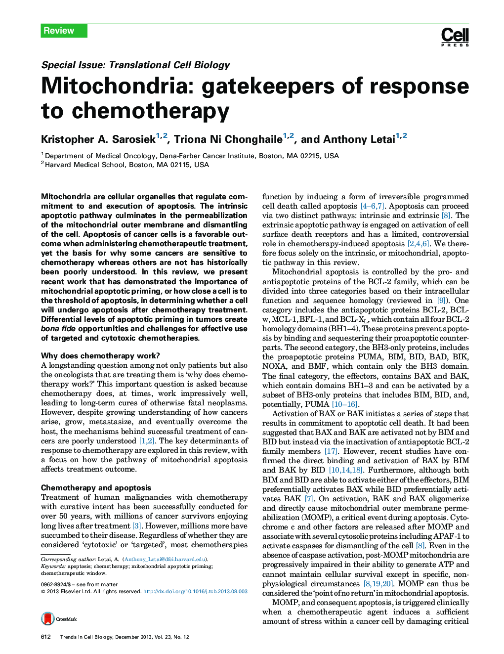 Mitochondria: gatekeepers of response to chemotherapy