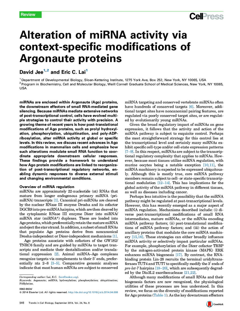 Alteration of miRNA activity via context-specific modifications of Argonaute proteins