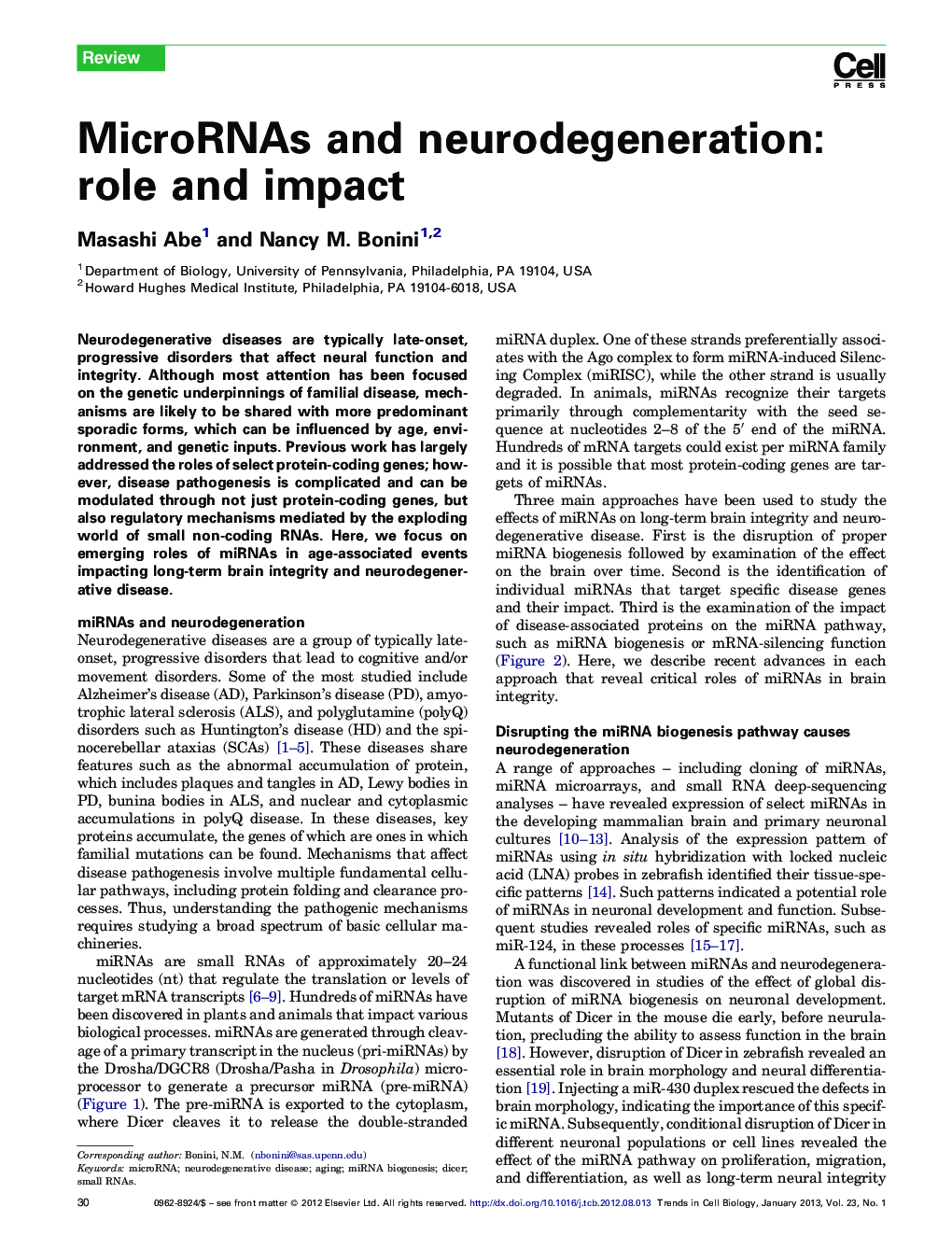 MicroRNAs and neurodegeneration: role and impact