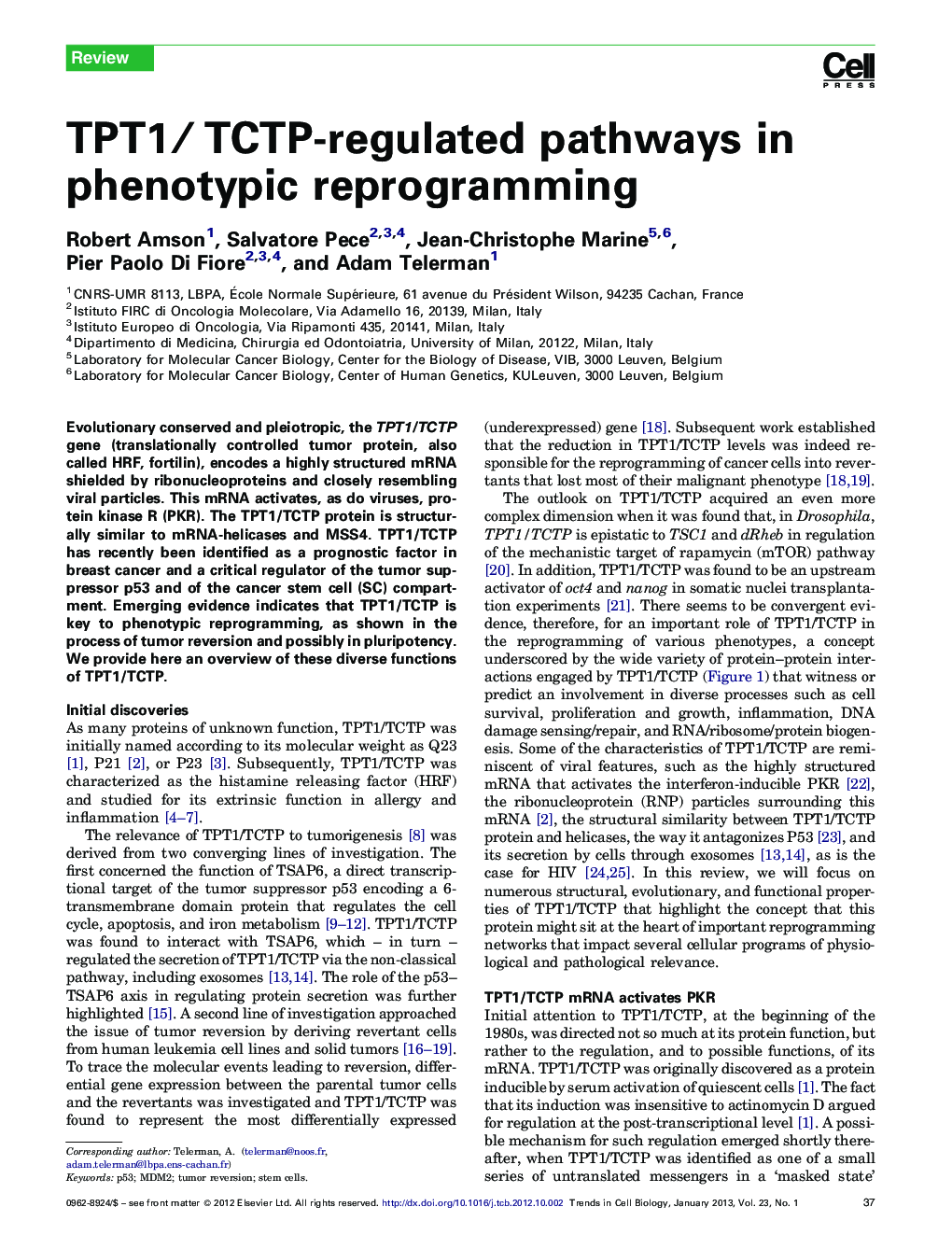 TPT1/ TCTP-regulated pathways in phenotypic reprogramming
