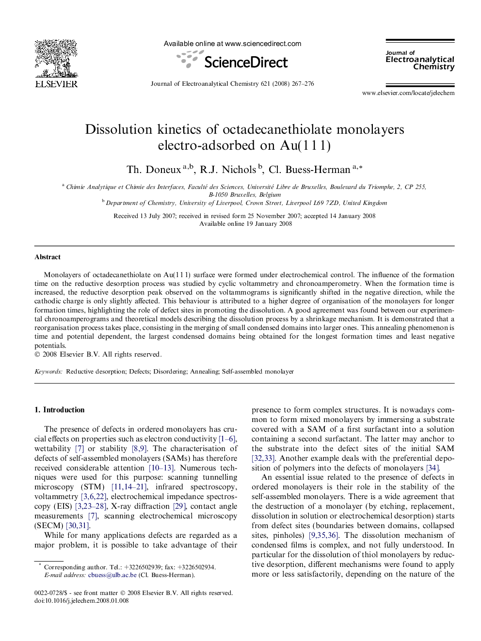 Dissolution kinetics of octadecanethiolate monolayers electro-adsorbed on Au(1 1 1)