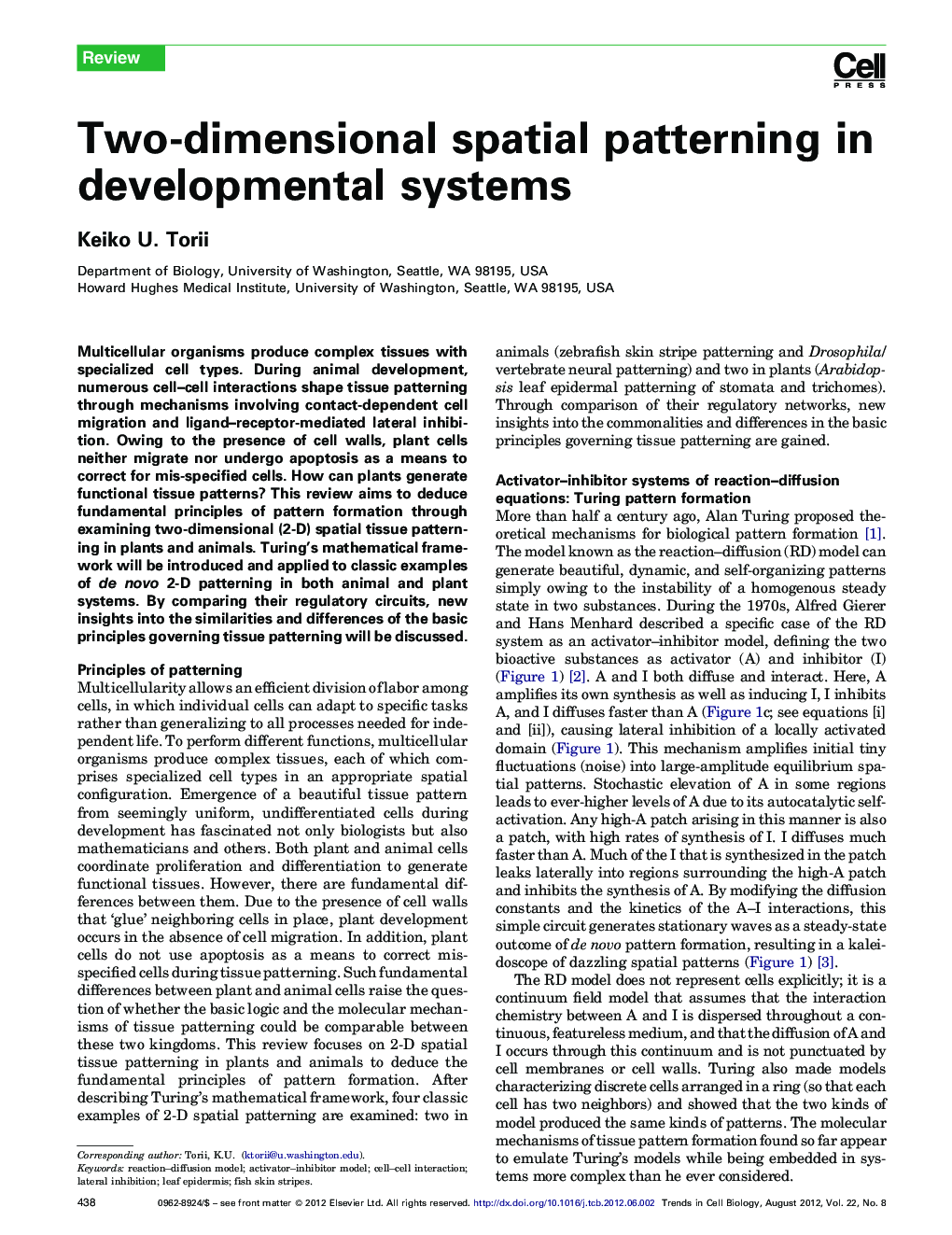 Two-dimensional spatial patterning in developmental systems