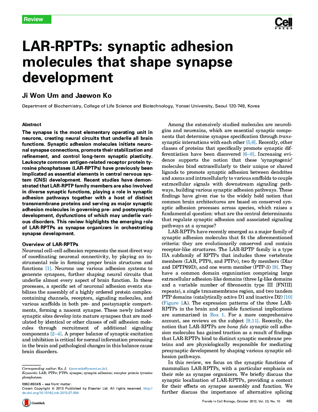 LAR-RPTPs: synaptic adhesion molecules that shape synapse development