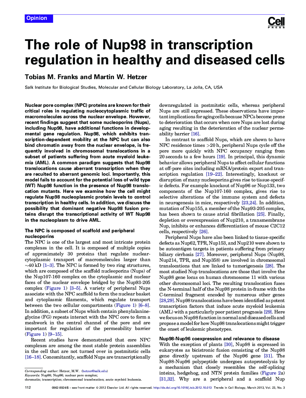 The role of Nup98 in transcription regulation in healthy and diseased cells