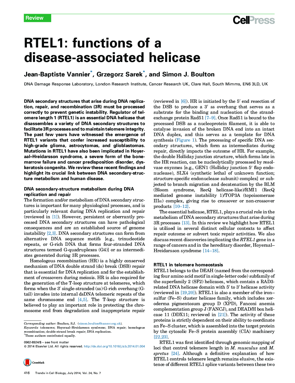 RTEL1: functions of a disease-associated helicase