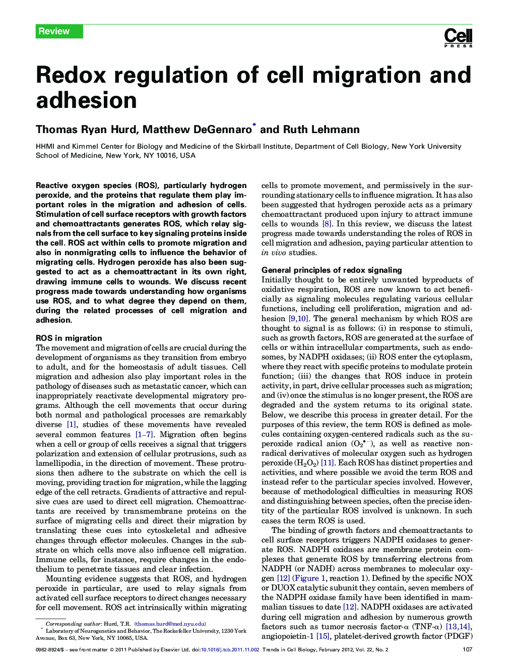 Redox regulation of cell migration and adhesion