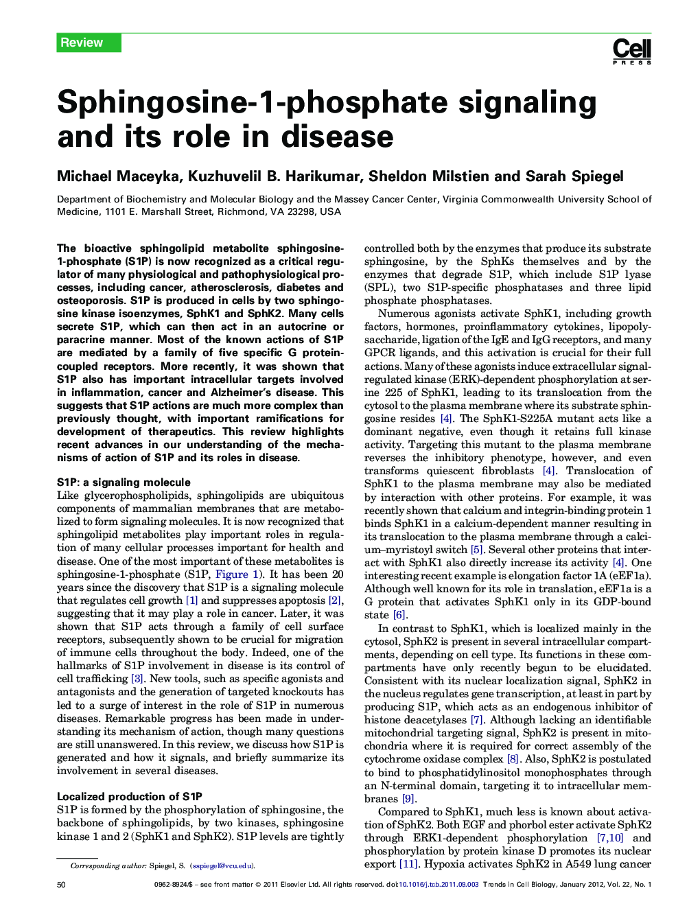 Sphingosine-1-phosphate signaling and its role in disease