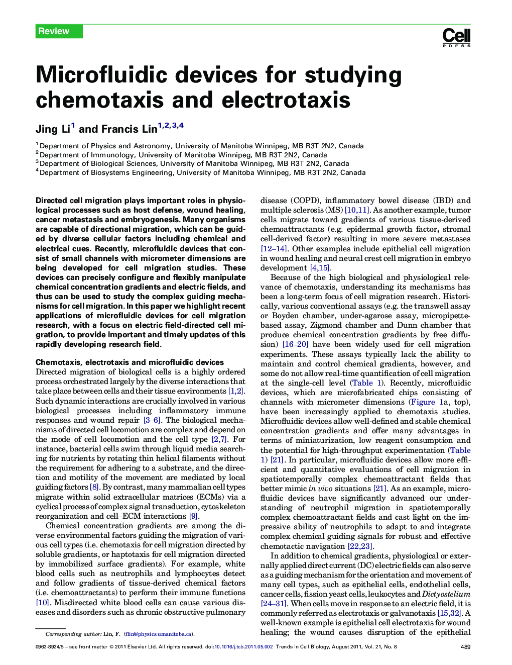 Microfluidic devices for studying chemotaxis and electrotaxis