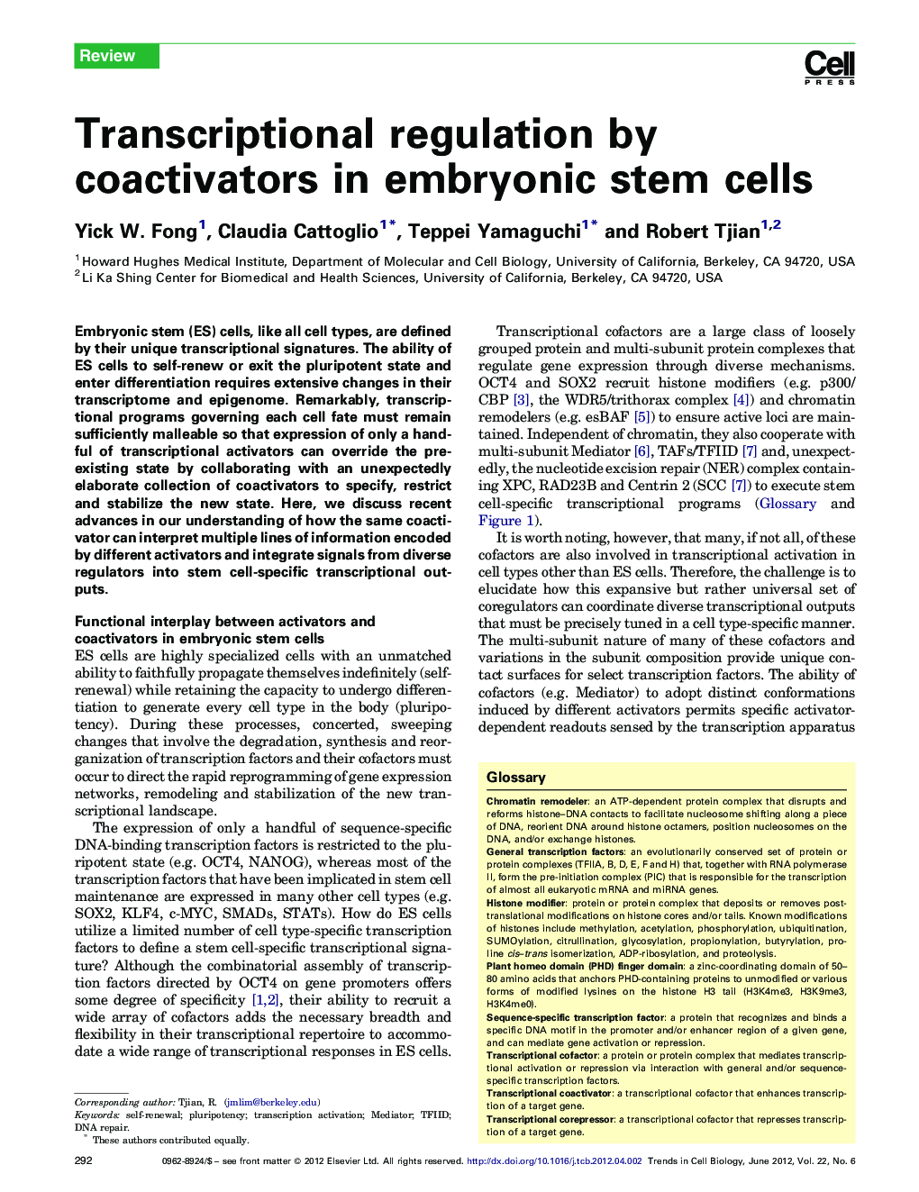 Transcriptional regulation by coactivators in embryonic stem cells