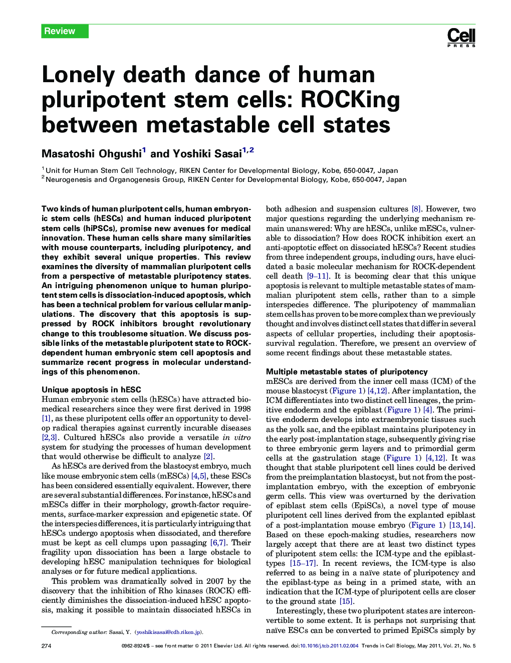 Lonely death dance of human pluripotent stem cells: ROCKing between metastable cell states