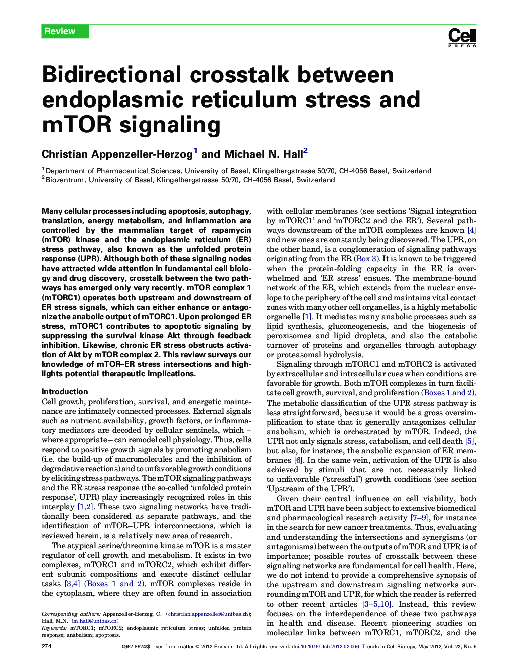 Bidirectional crosstalk between endoplasmic reticulum stress and mTOR signaling