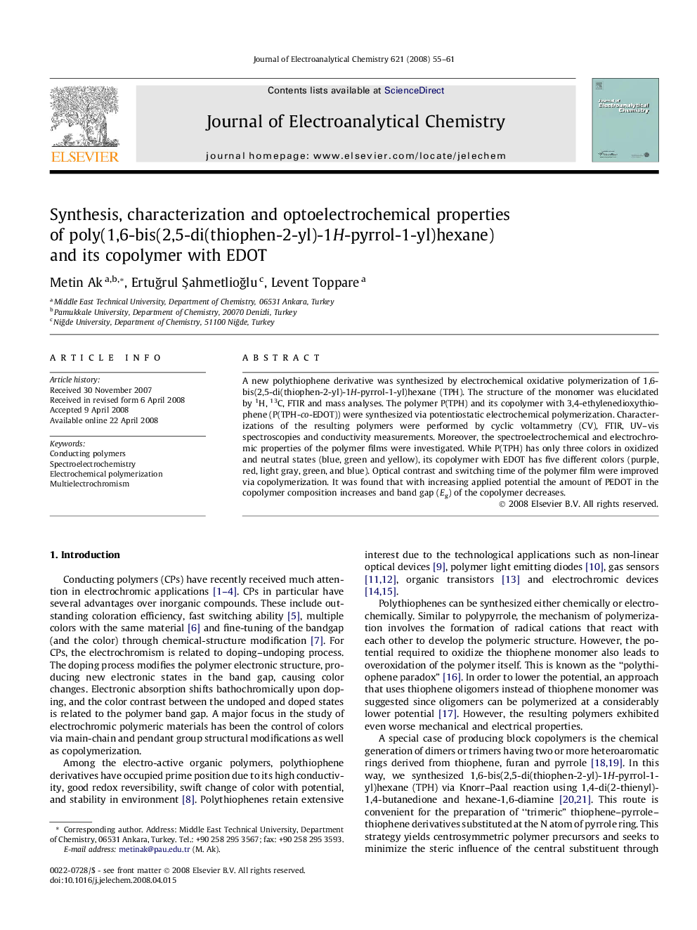 Synthesis, characterization and optoelectrochemical properties of poly(1,6-bis(2,5-di(thiophen-2-yl)-1H-pyrrol-1-yl)hexane) and its copolymer with EDOT