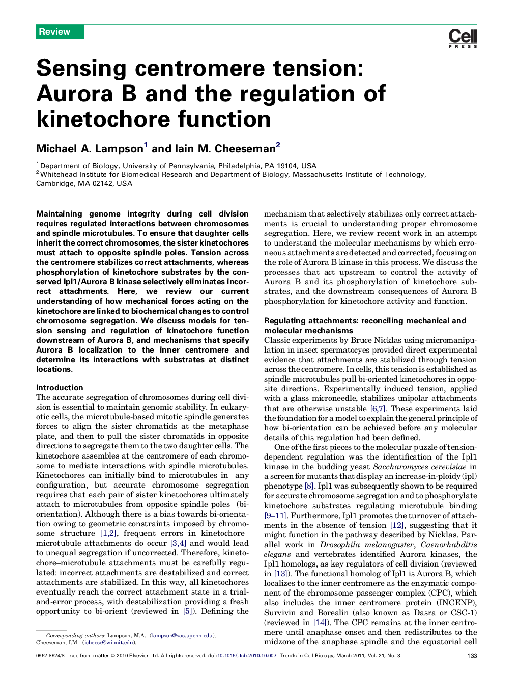 Sensing centromere tension: Aurora B and the regulation of kinetochore function