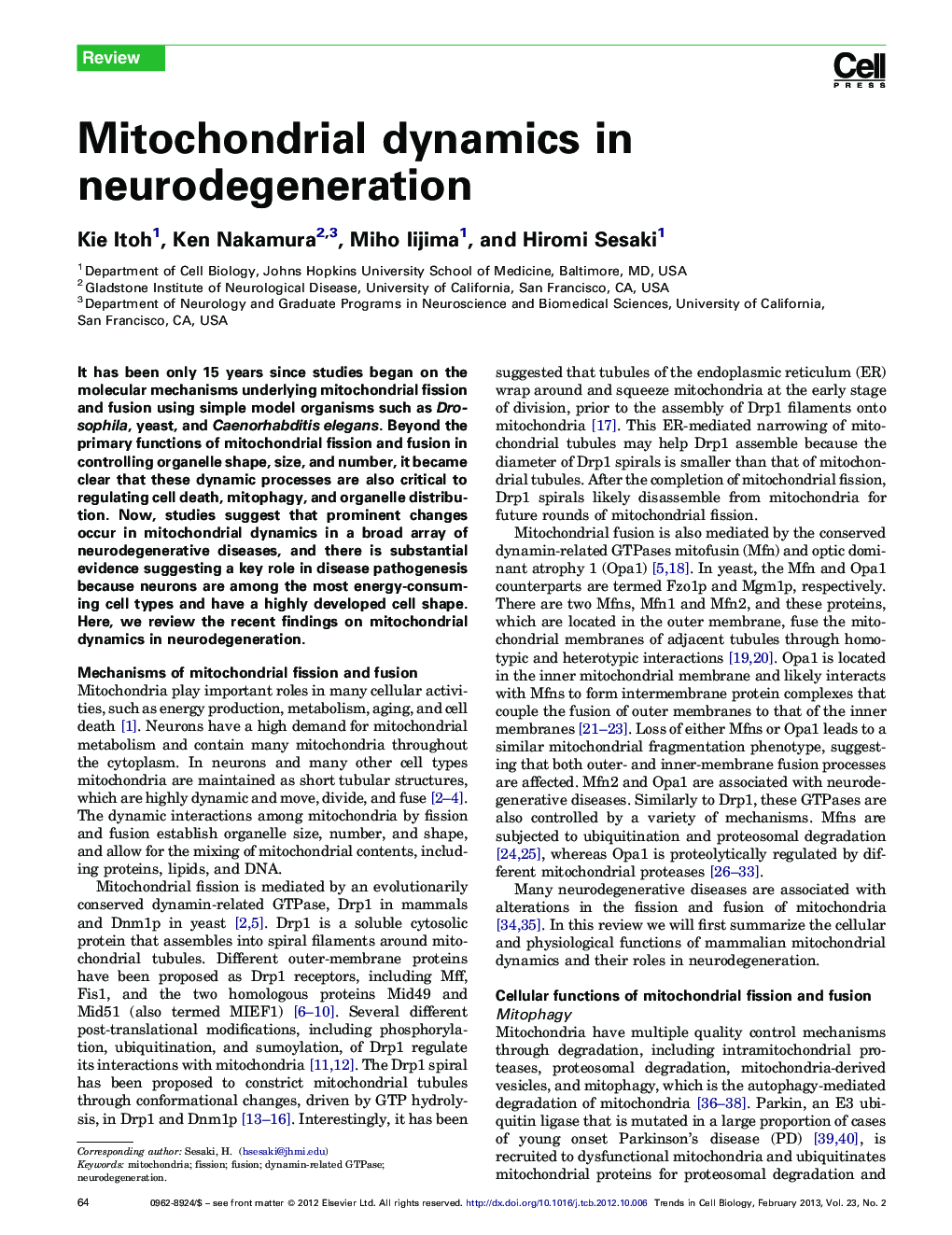 Mitochondrial dynamics in neurodegeneration