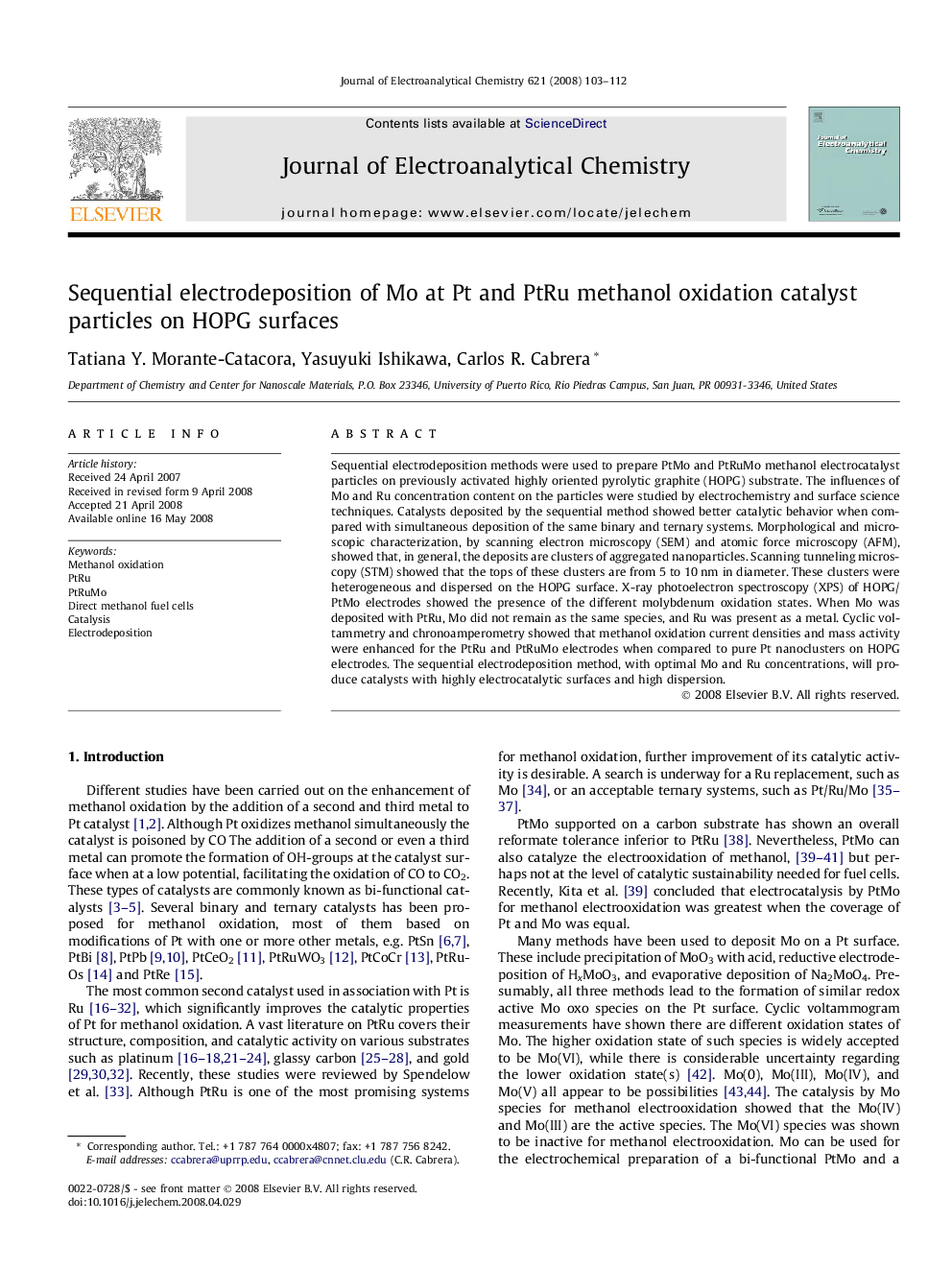 Sequential electrodeposition of Mo at Pt and PtRu methanol oxidation catalyst particles on HOPG surfaces