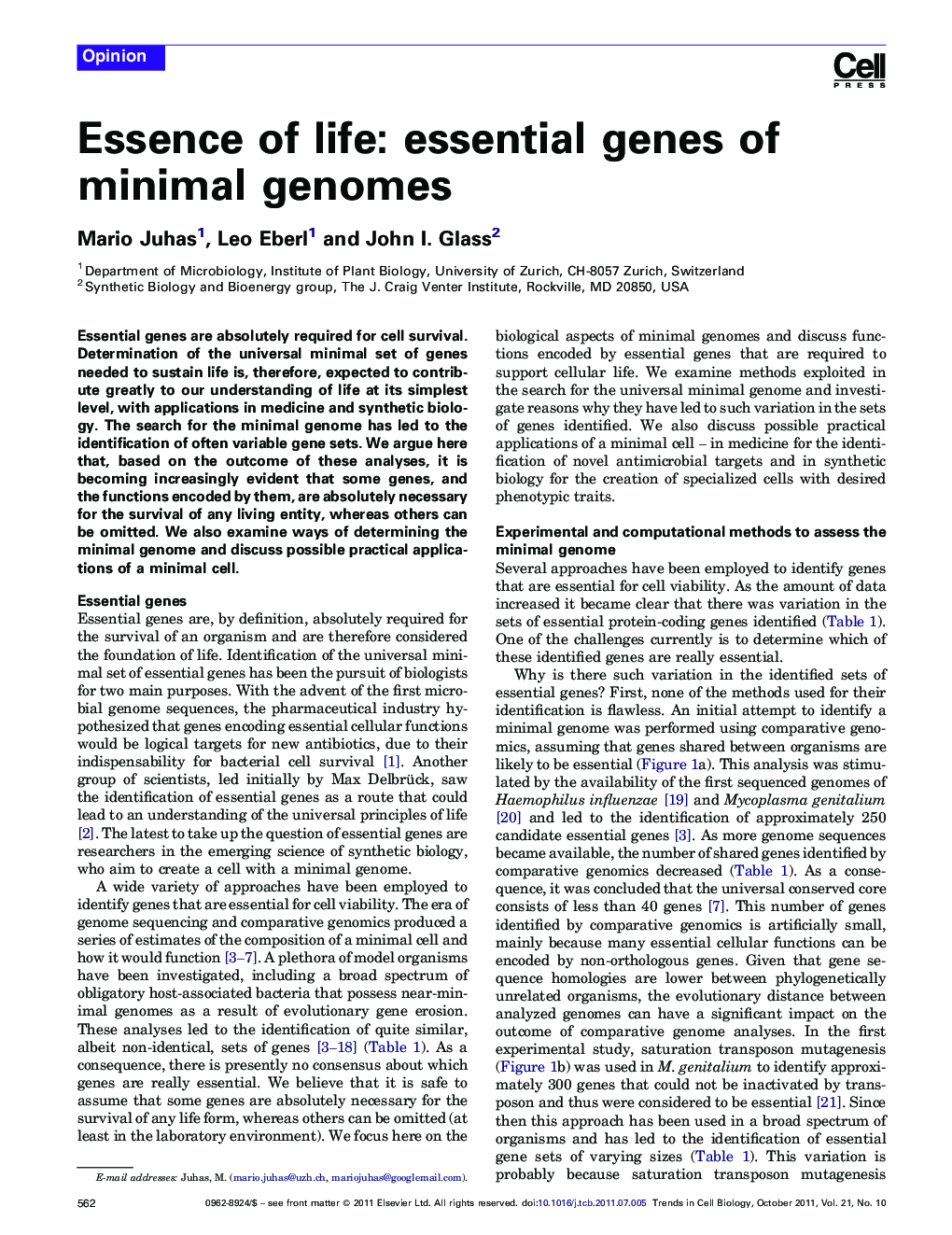 Essence of life: essential genes of minimal genomes