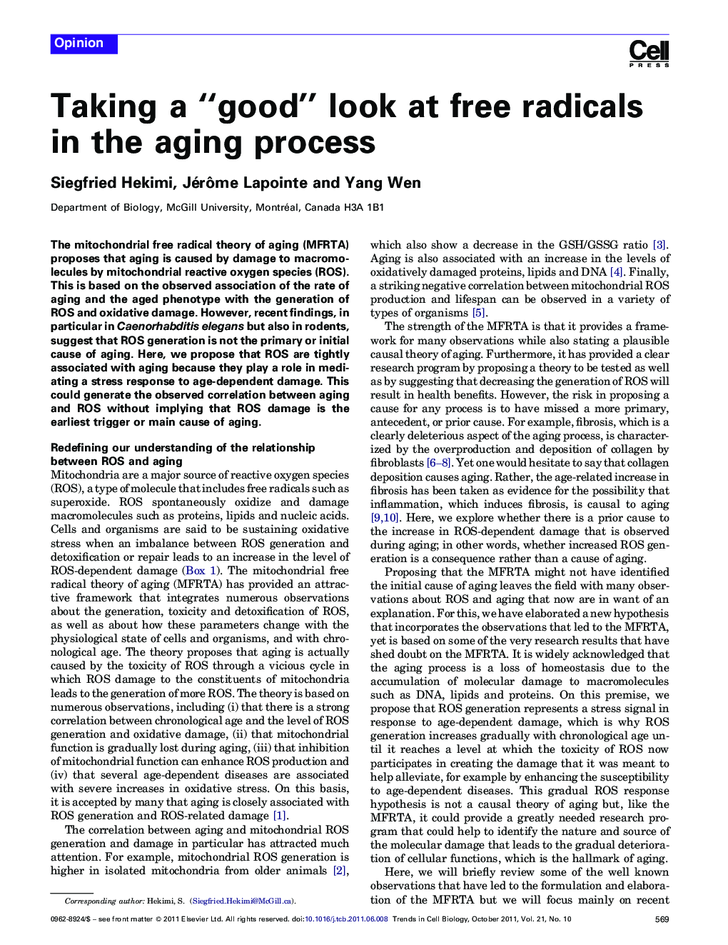 Taking a “good” look at free radicals in the aging process