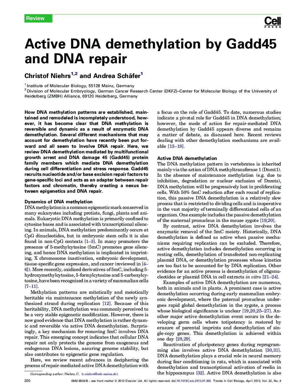 Active DNA demethylation by Gadd45 and DNA repair
