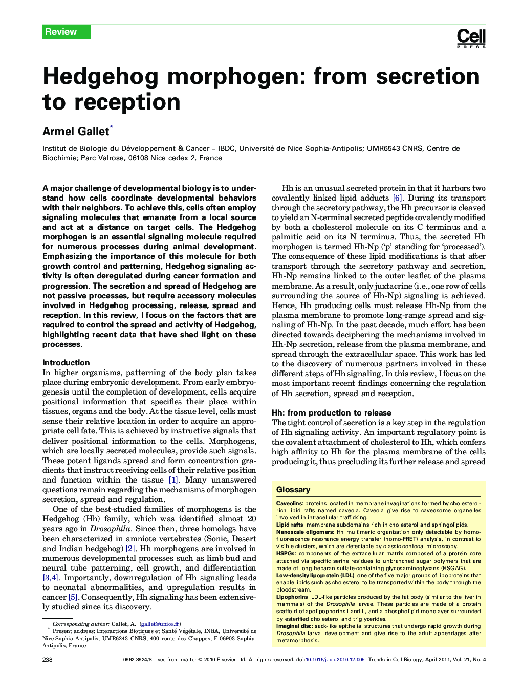Hedgehog morphogen: from secretion to reception