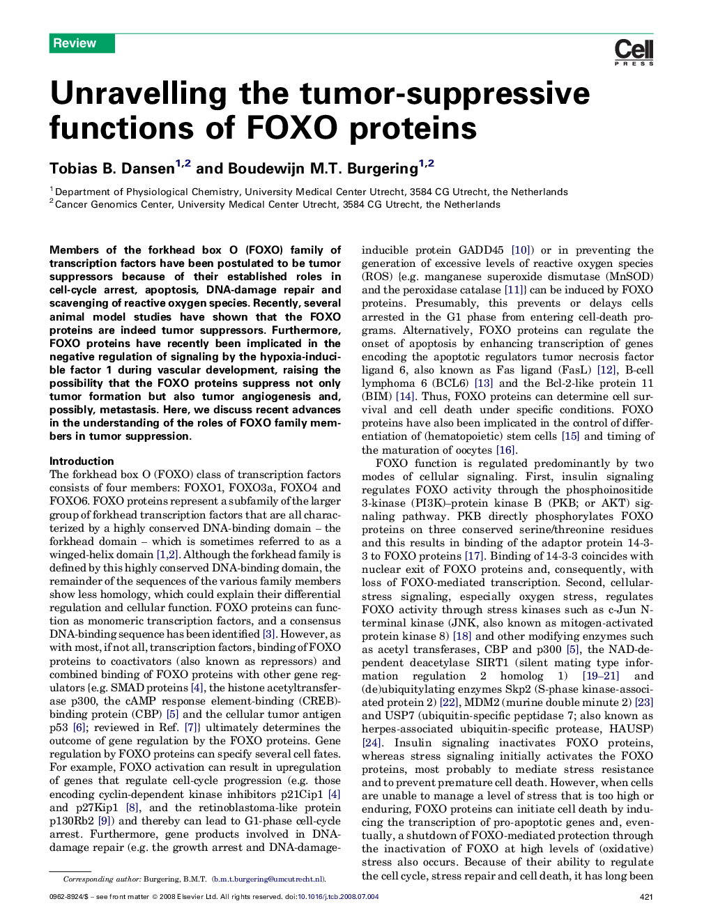 Unravelling the tumor-suppressive functions of FOXO proteins