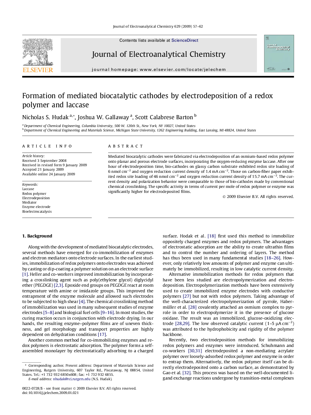 Formation of mediated biocatalytic cathodes by electrodeposition of a redox polymer and laccase