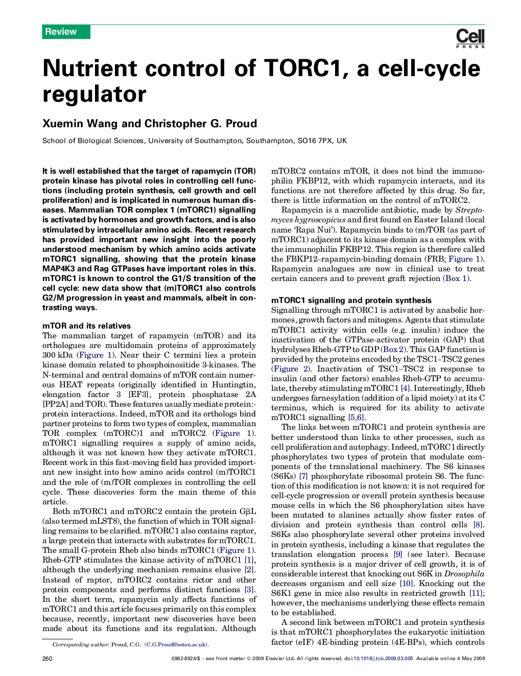 Nutrient control of TORC1, a cell-cycle regulator