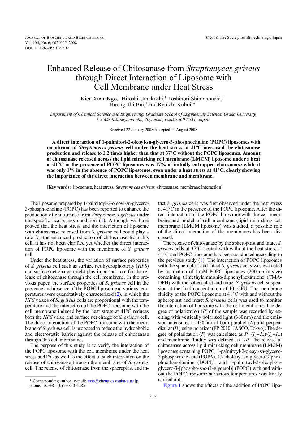 Enhanced Release of Chitosanase from Streptomyces griseus through Direct Interaction of Liposome with Cell Membrane under Heat Stress