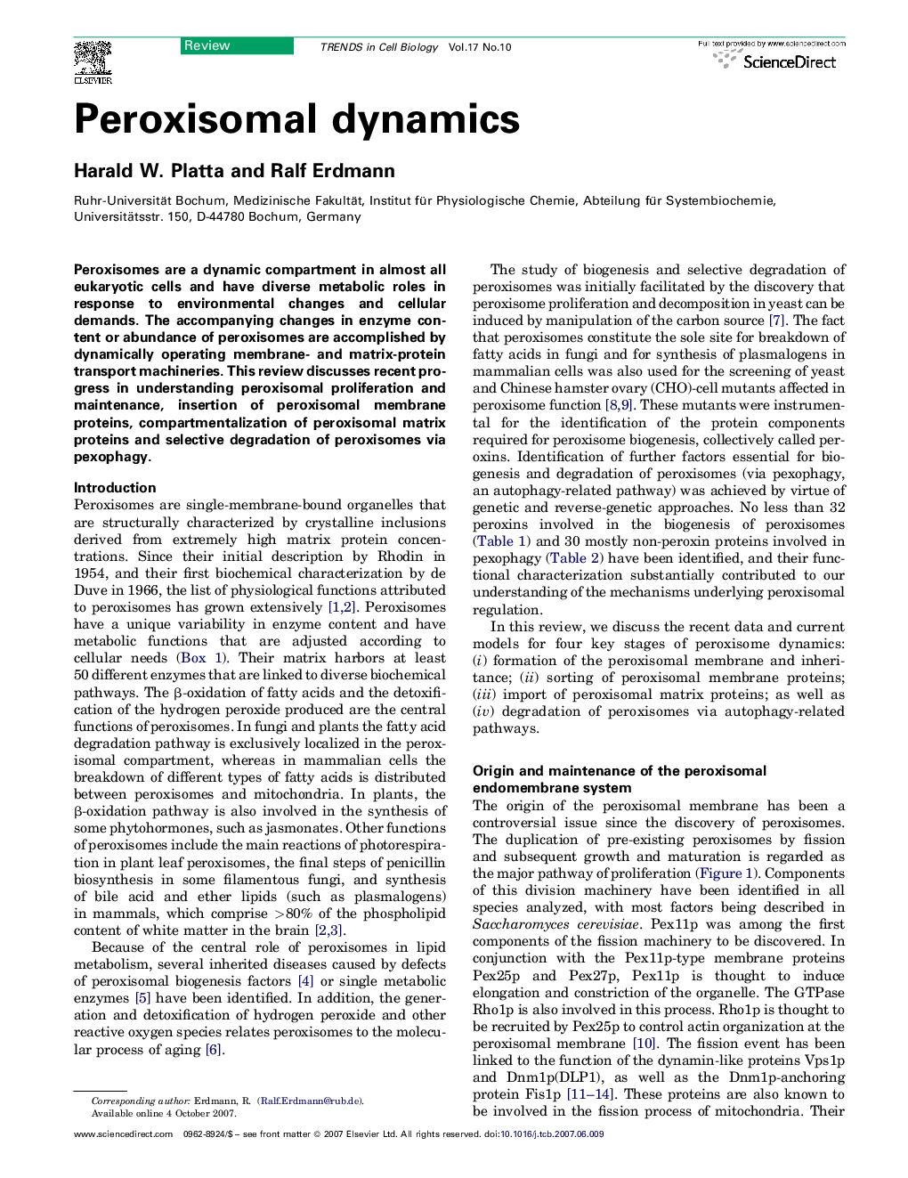 Peroxisomal dynamics