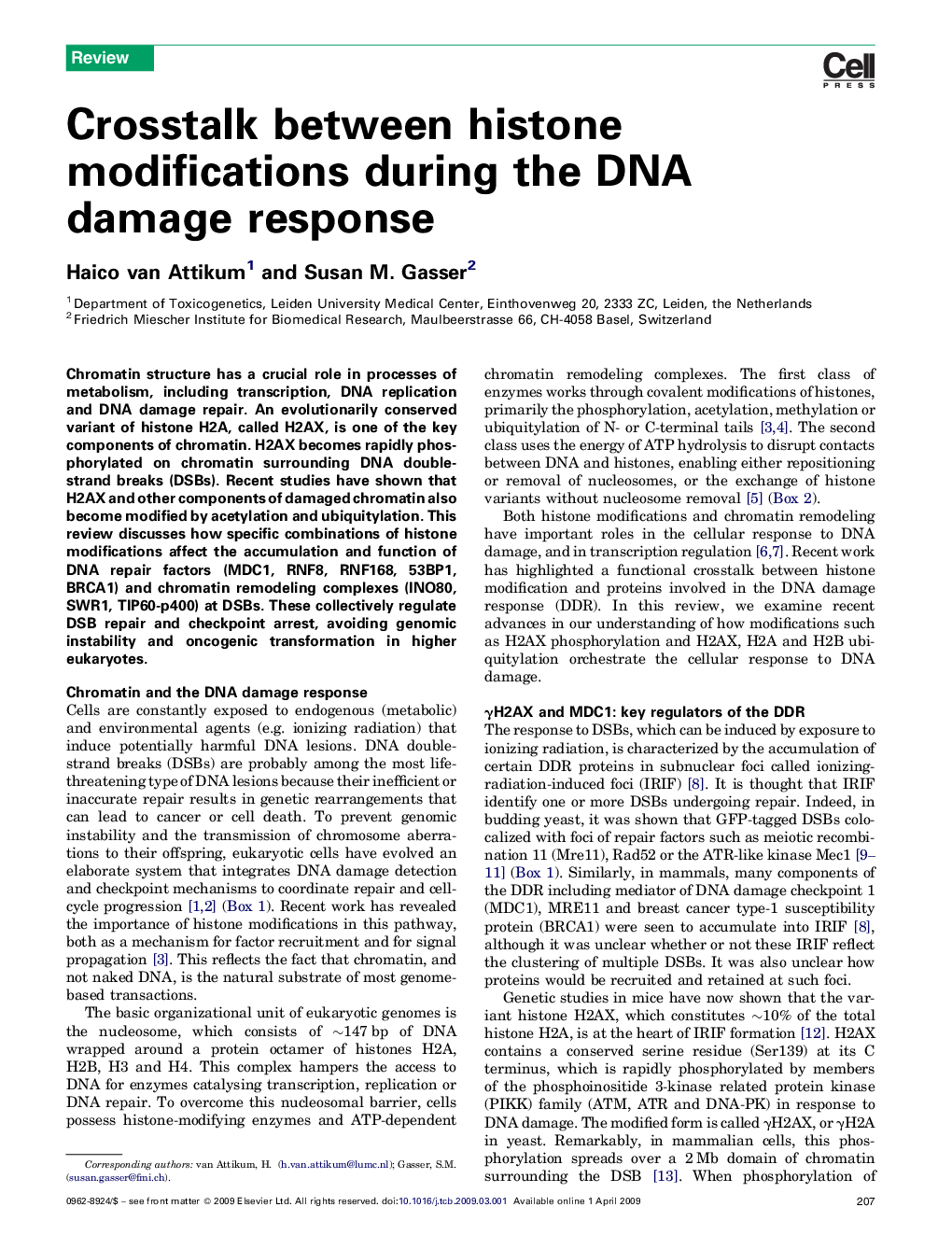 Crosstalk between histone modifications during the DNA damage response