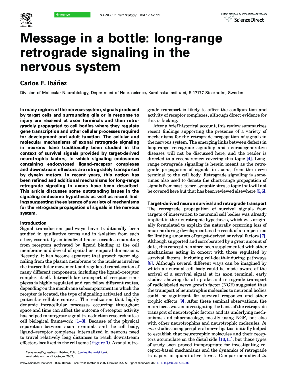 Message in a bottle: long-range retrograde signaling in the nervous system