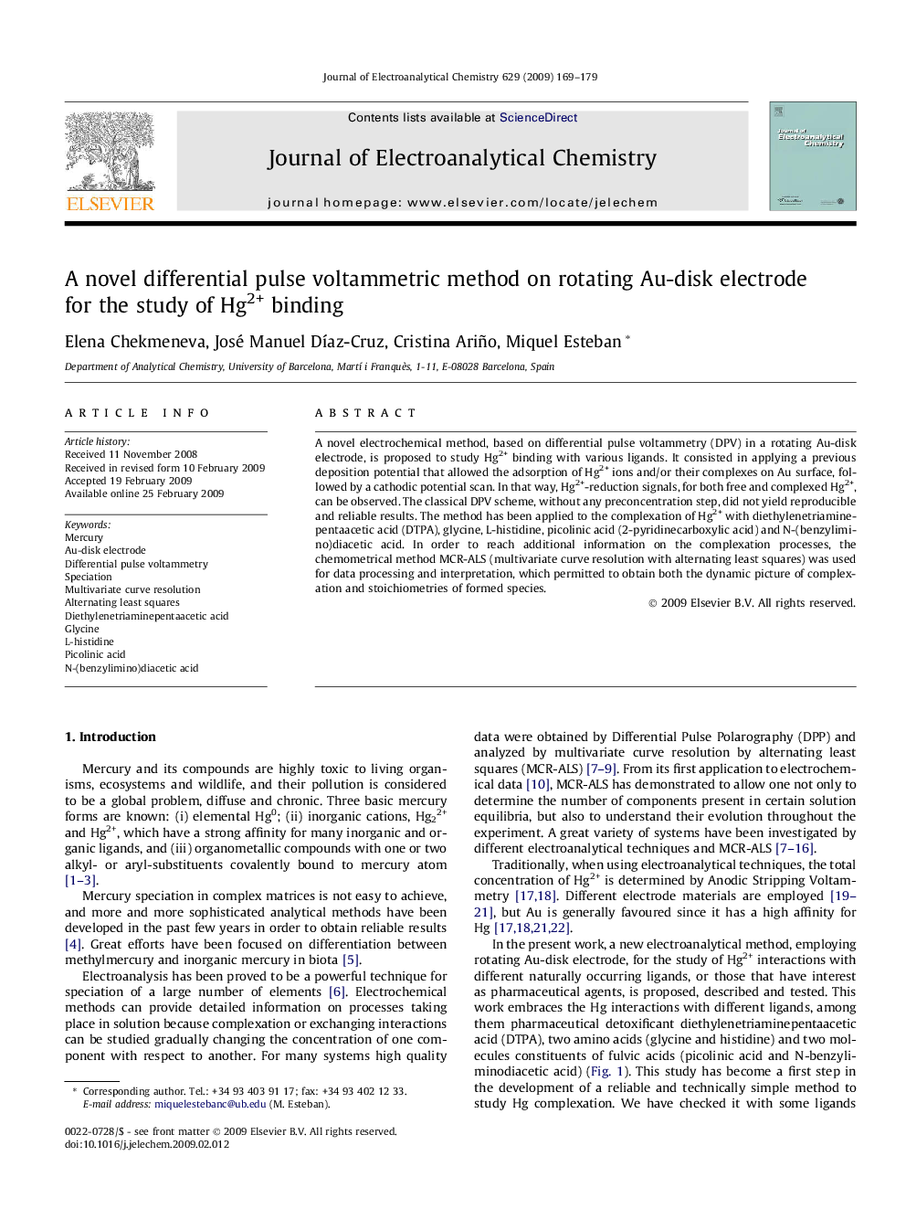 A novel differential pulse voltammetric method on rotating Au-disk electrode for the study of Hg2+ binding