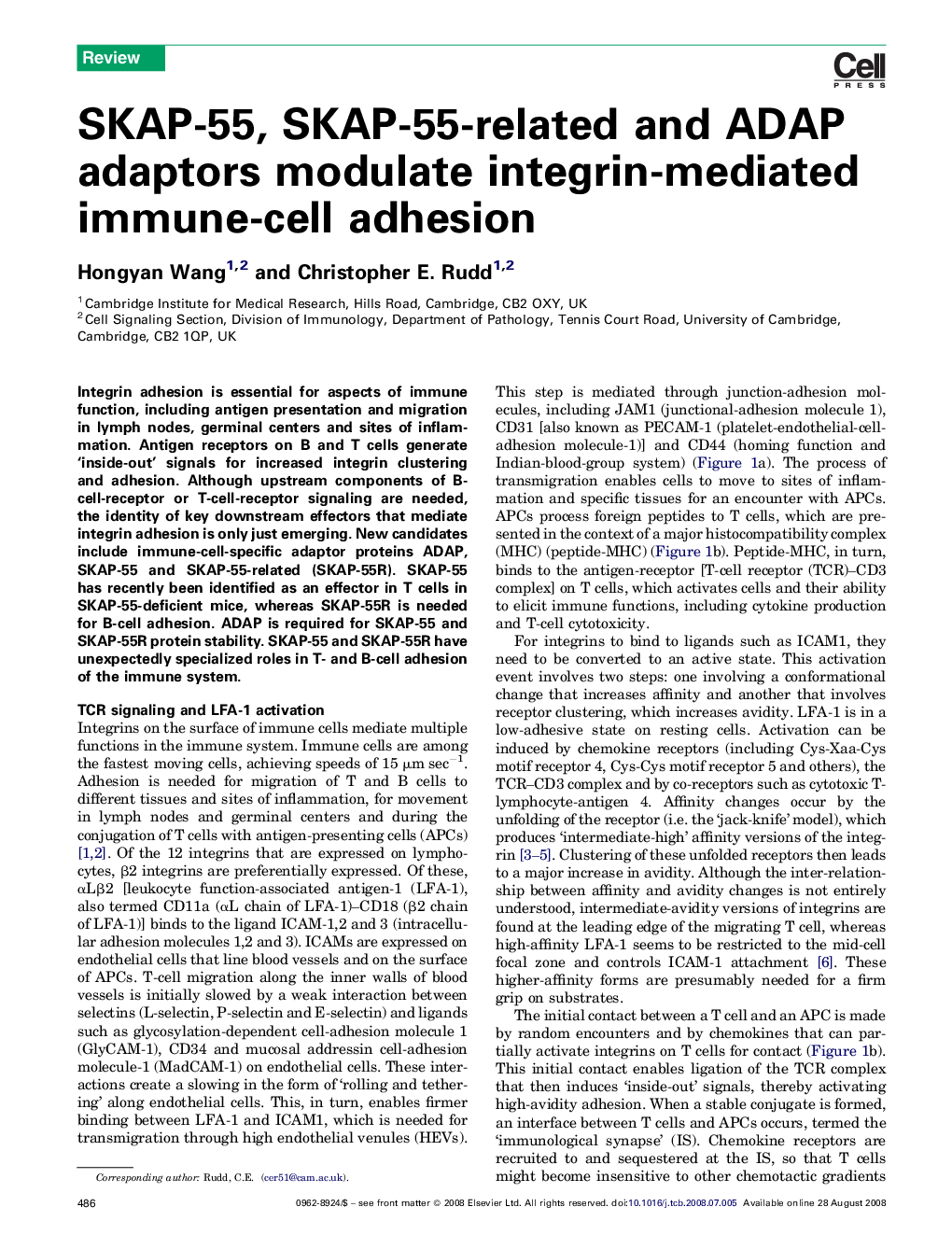 SKAP-55, SKAP-55-related and ADAP adaptors modulate integrin-mediated immune-cell adhesion