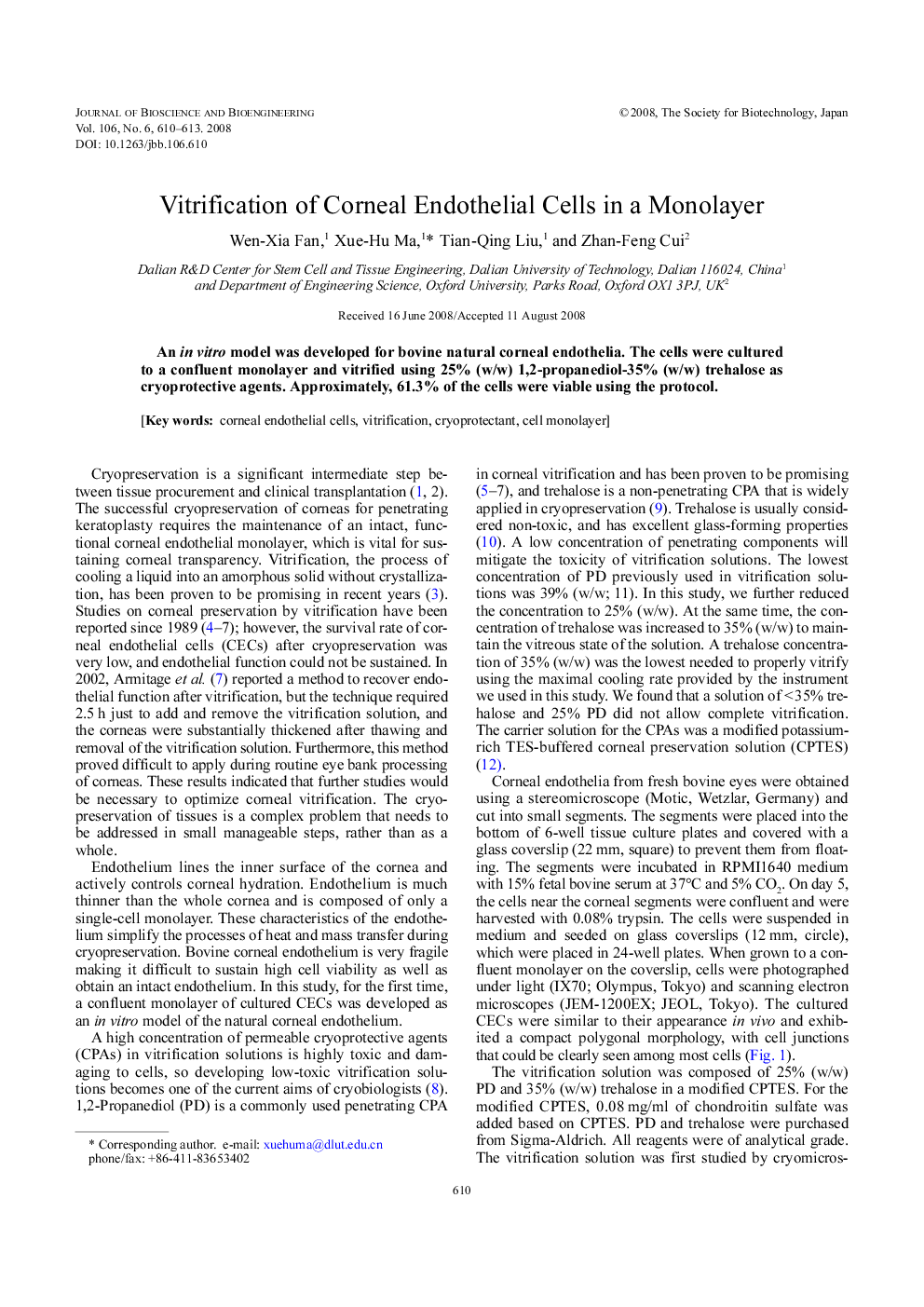 Vitrification of Corneal Endothelial Cells in a Monolayer