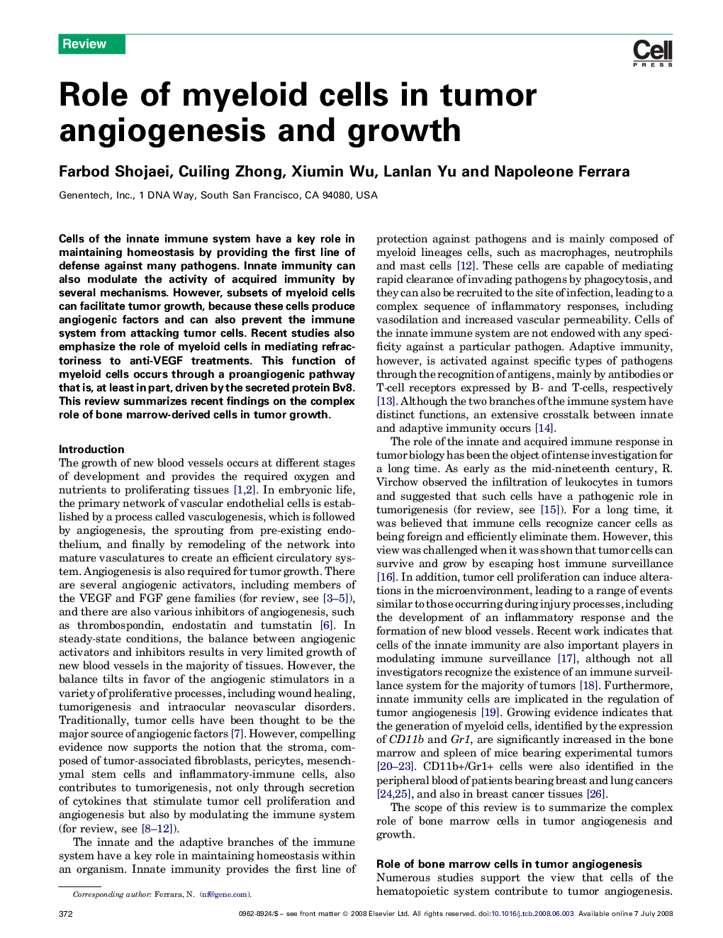 Role of myeloid cells in tumor angiogenesis and growth