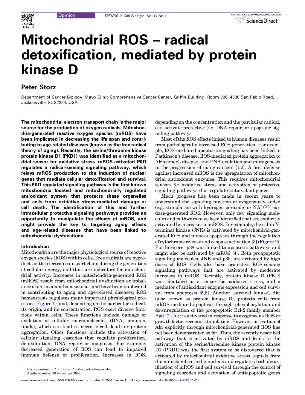 Mitochondrial ROS – radical detoxification, mediated by protein kinase D