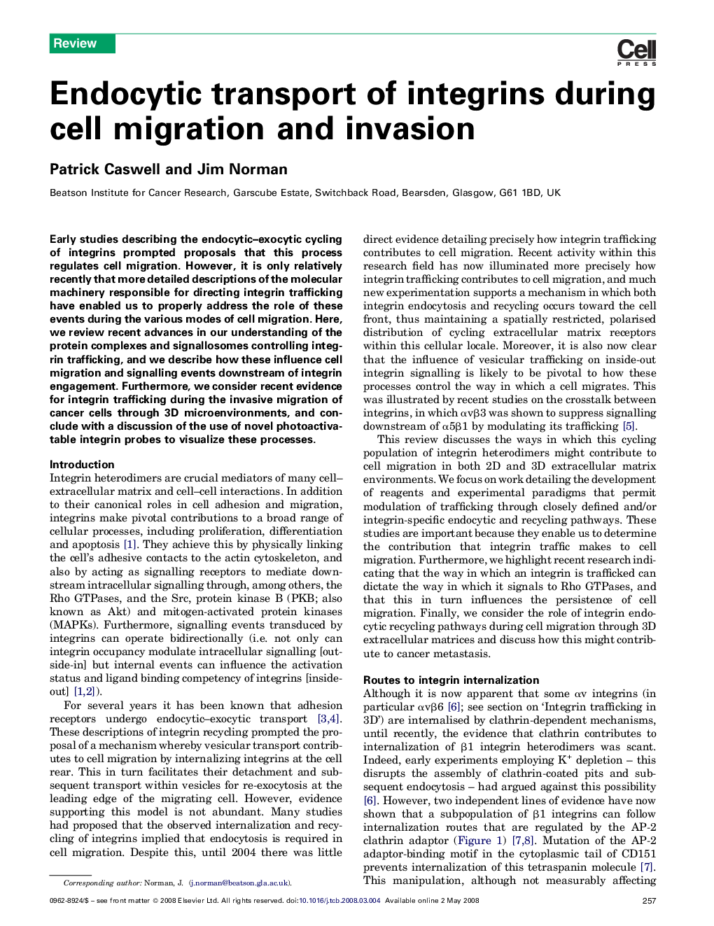 Endocytic transport of integrins during cell migration and invasion
