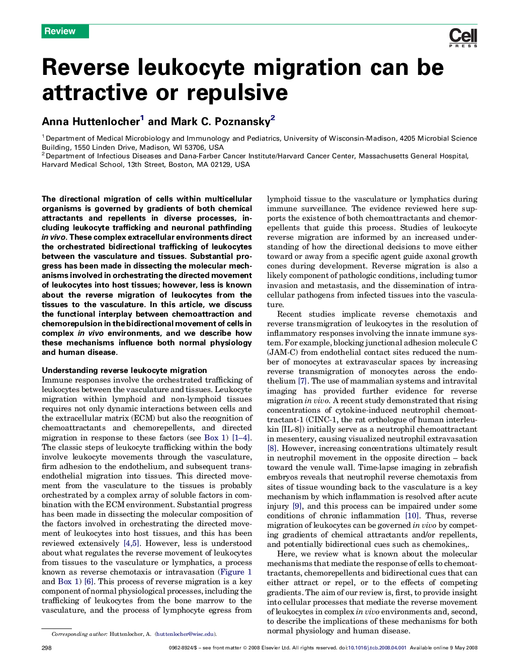 Reverse leukocyte migration can be attractive or repulsive