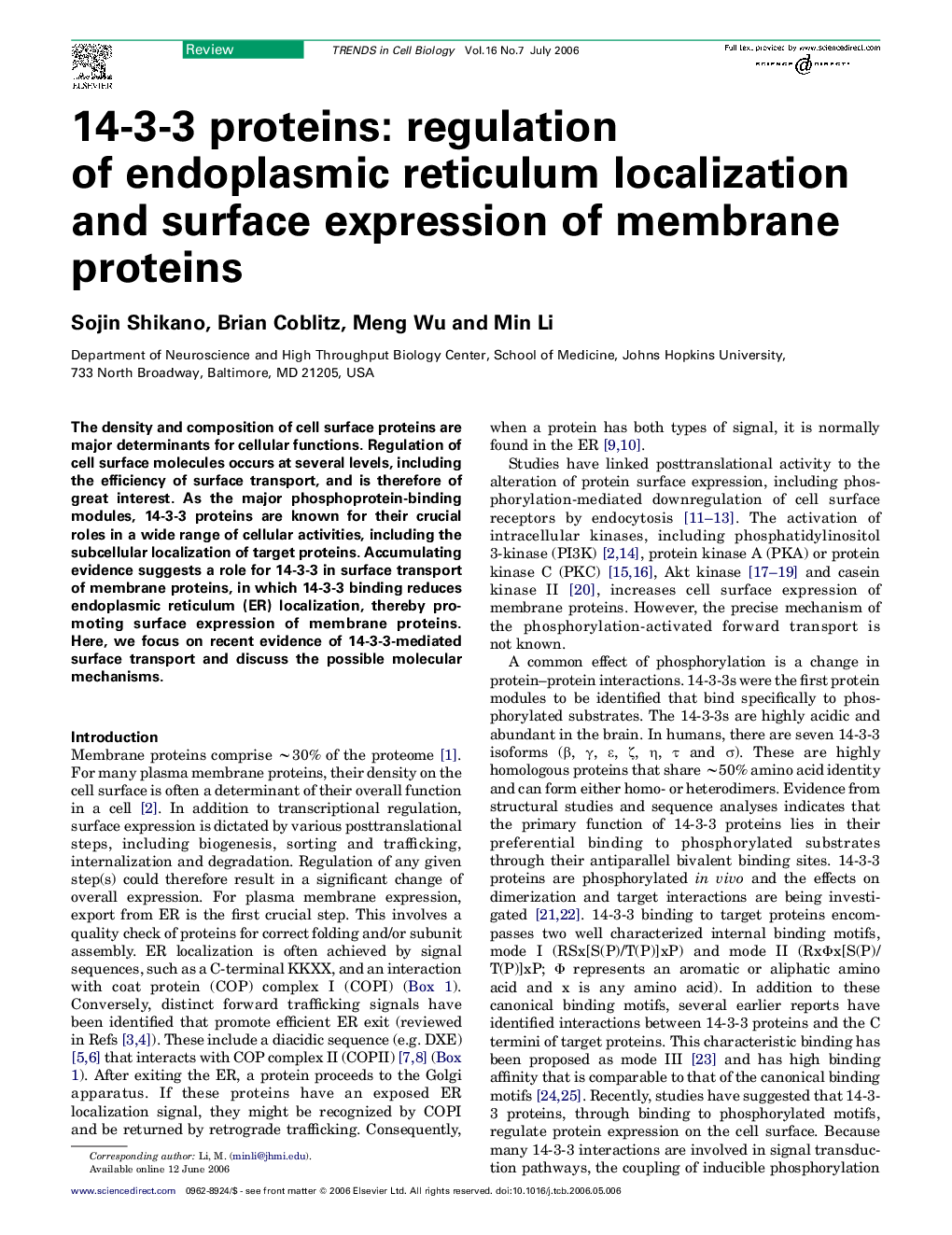 14-3-3 proteins: regulation of endoplasmic reticulum localization and surface expression of membrane proteins