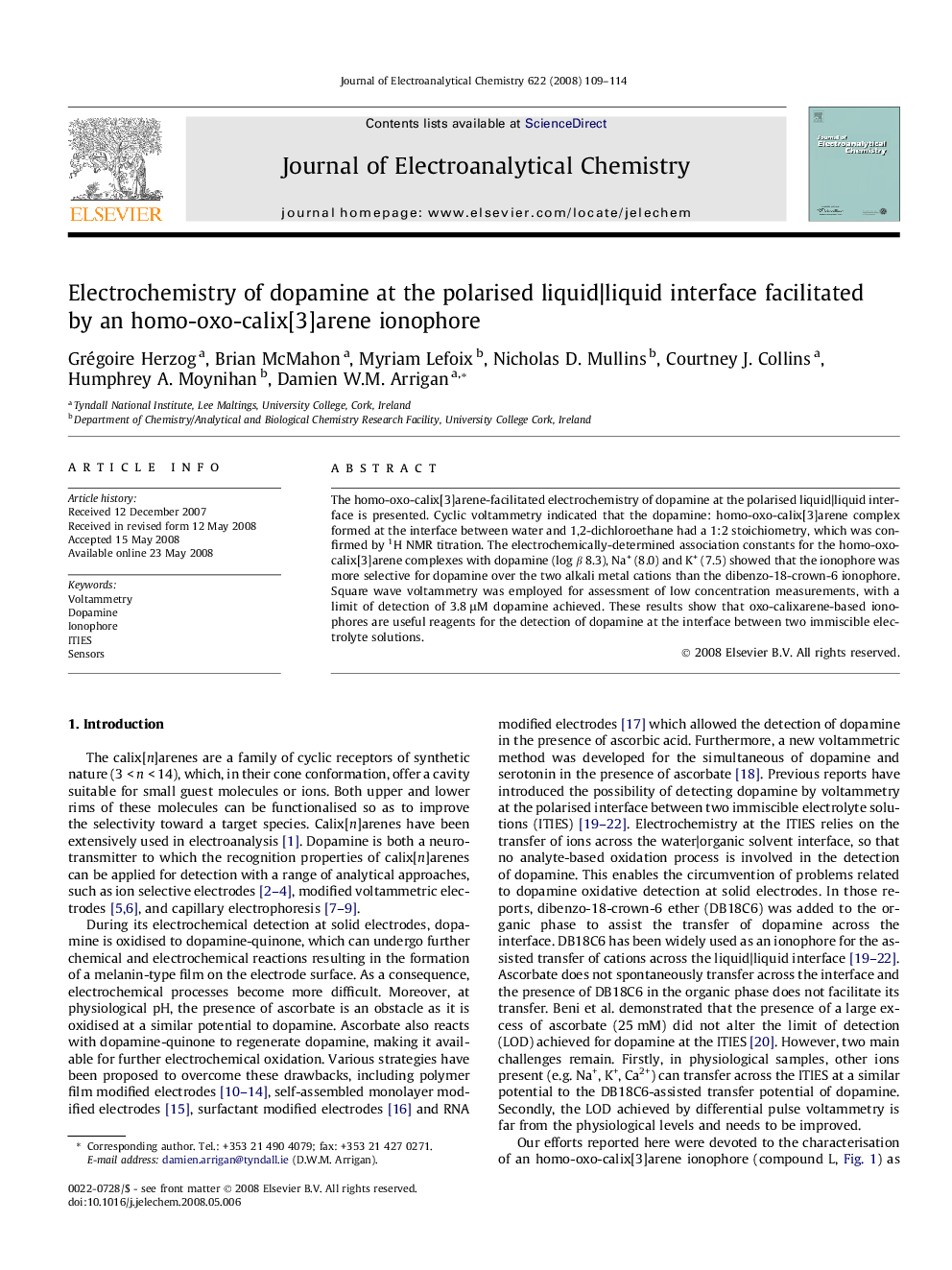 Electrochemistry of dopamine at the polarised liquid|liquid interface facilitated by an homo-oxo-calix[3]arene ionophore