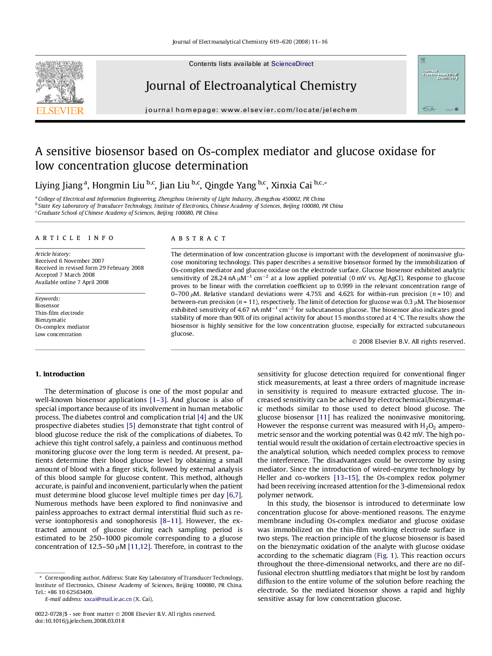 A sensitive biosensor based on Os-complex mediator and glucose oxidase for low concentration glucose determination