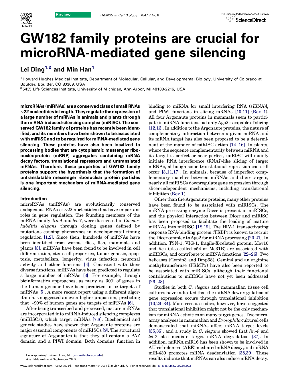 GW182 family proteins are crucial for microRNA-mediated gene silencing