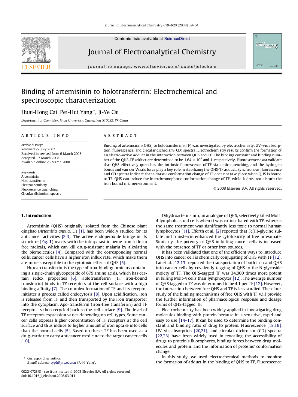 Binding of artemisinin to holotransferrin: Electrochemical and spectroscopic characterization