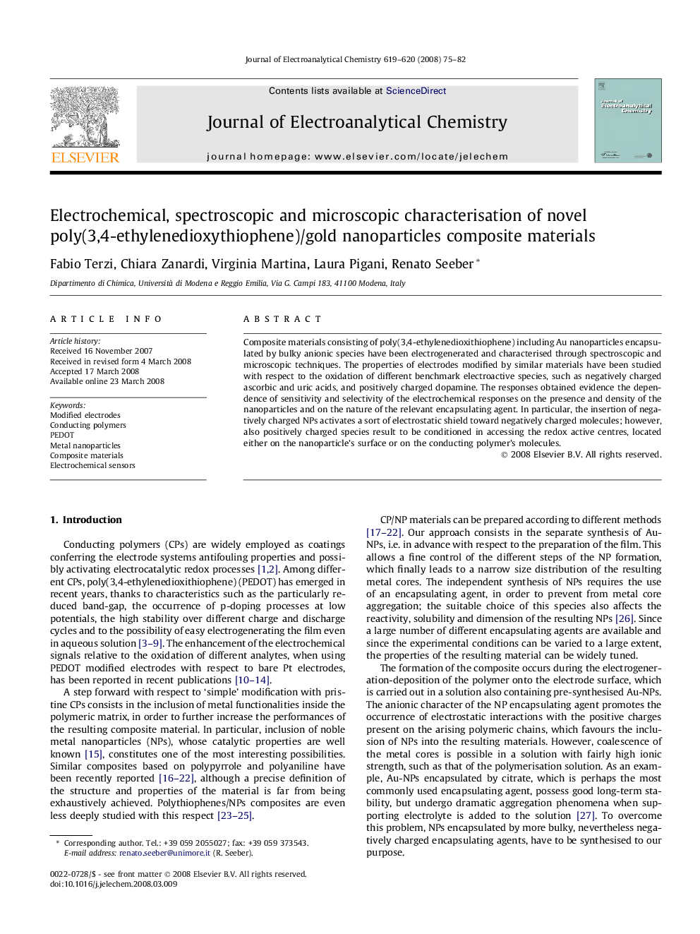 Electrochemical, spectroscopic and microscopic characterisation of novel poly(3,4-ethylenedioxythiophene)/gold nanoparticles composite materials