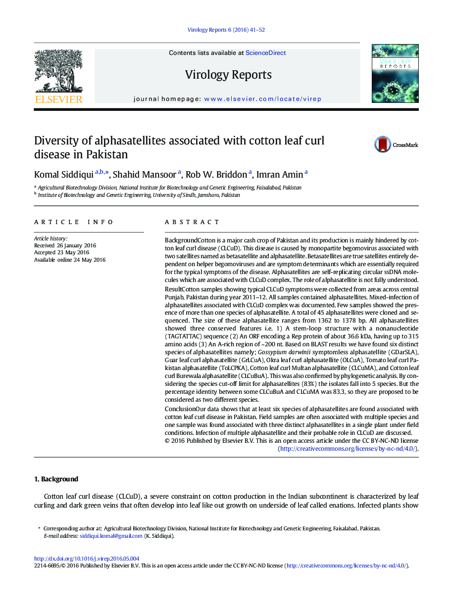 Diversity of alphasatellites associated with cotton leaf curl disease in Pakistan