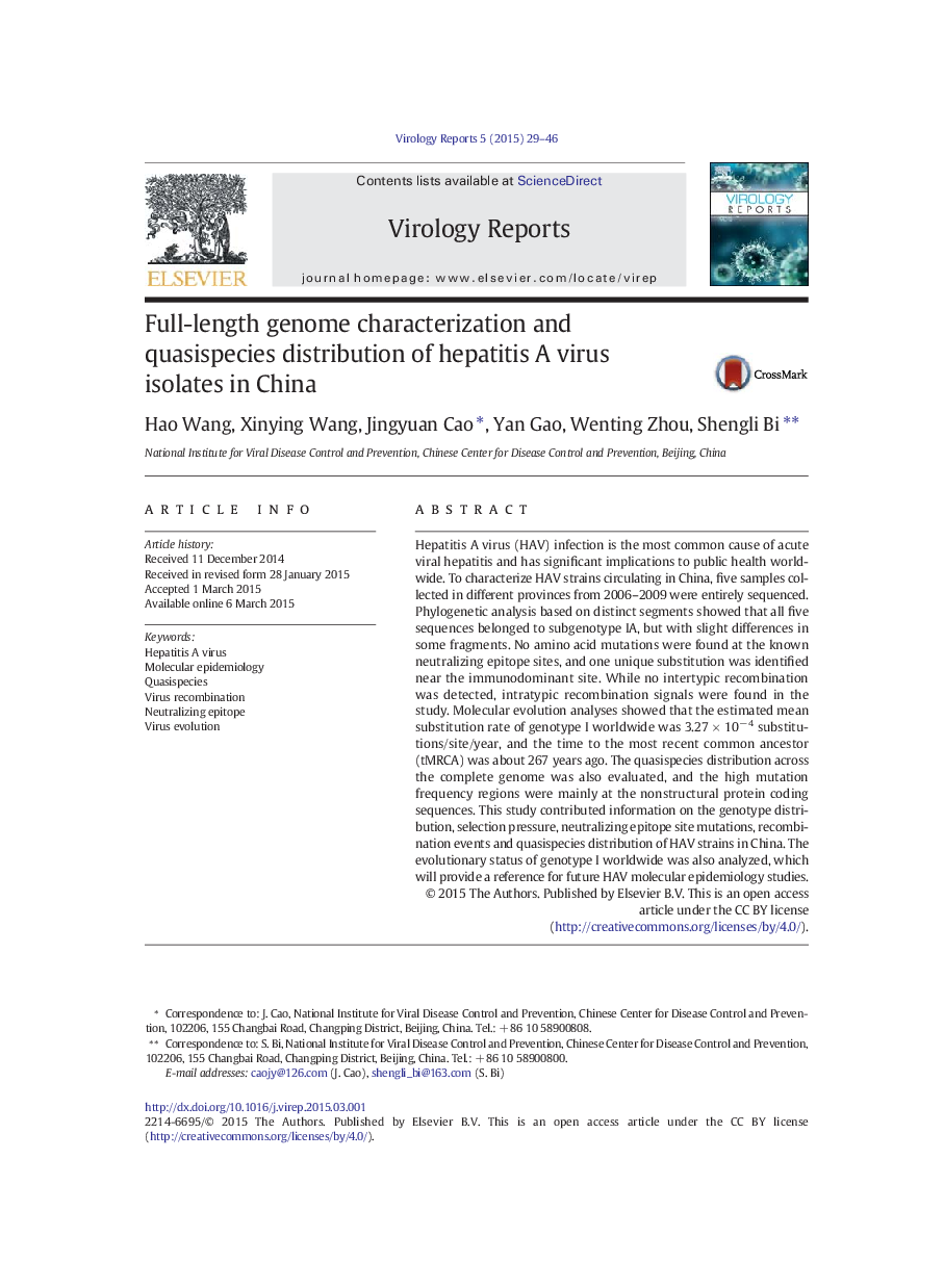 Full-length genome characterization and quasispecies distribution of hepatitis A virus isolates in China